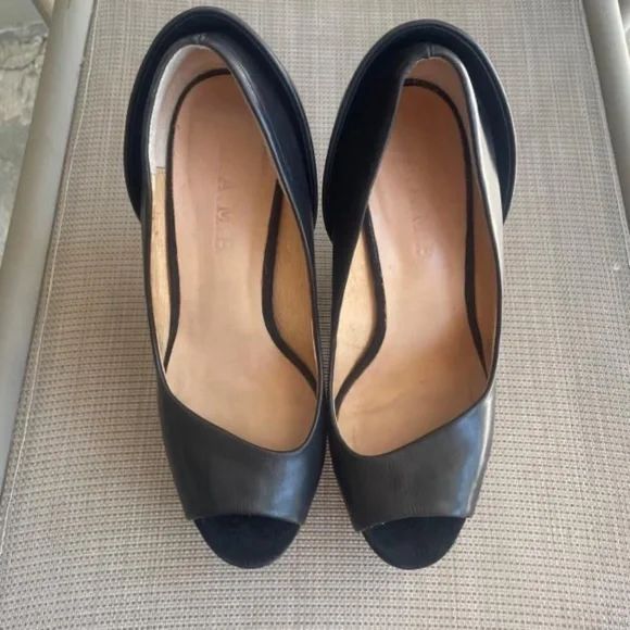 L.A.M.B. Black Leather Amour Wedge Cut Out Platform Heels - Picture 5 of 9